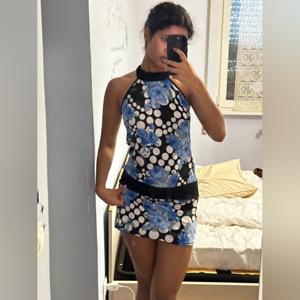 Black and Blue Floral Halter Dress